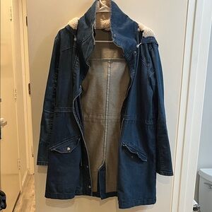 Women’s Blue Denim Jacket with Sherpa Lining in hood